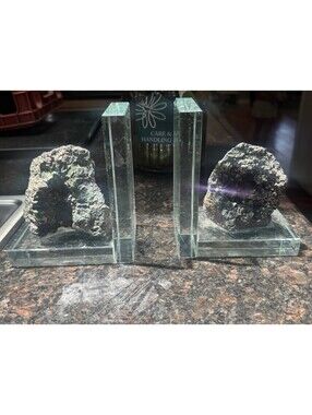Titanium Aura Rainbow Druzy Geode Crystal Bookends Pair Glass Stand Iridescent